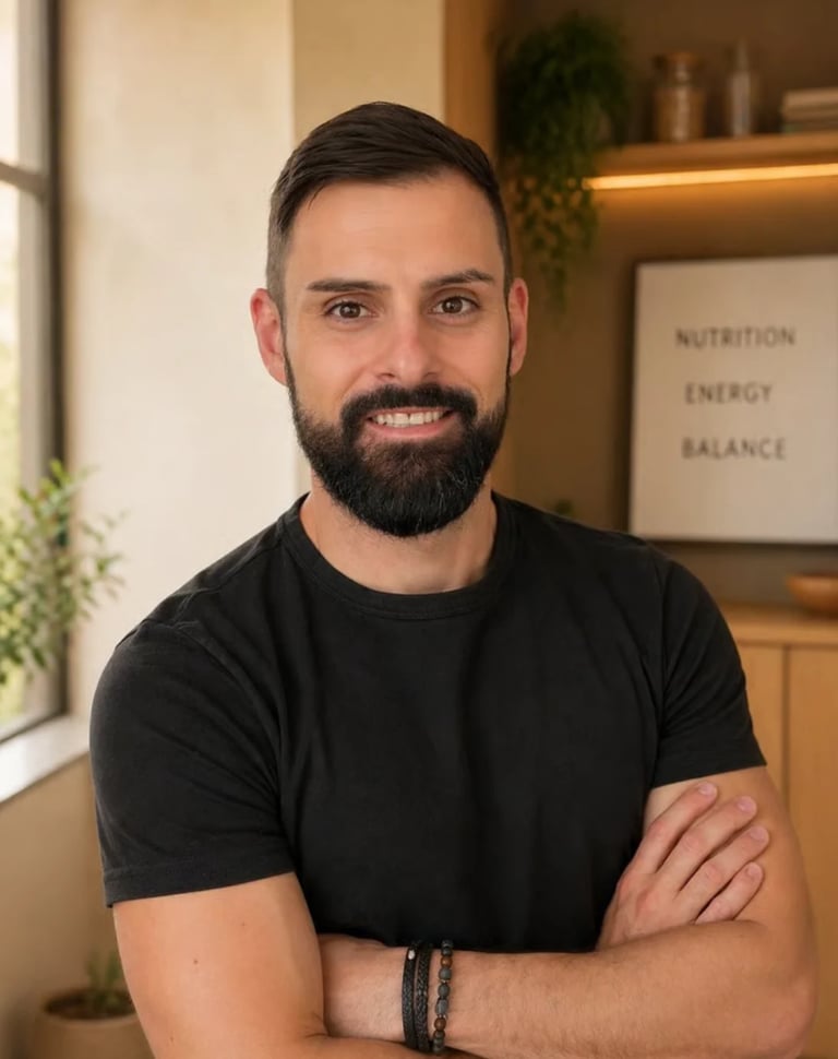 Man with dark beard wearing black t-shirt smiling at camera with arms crossed in modern wellness clinic setting