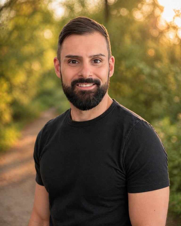 Portrait of a bearded man wearing a black t-shirt smiling at the camera with blurred green foliage in the background