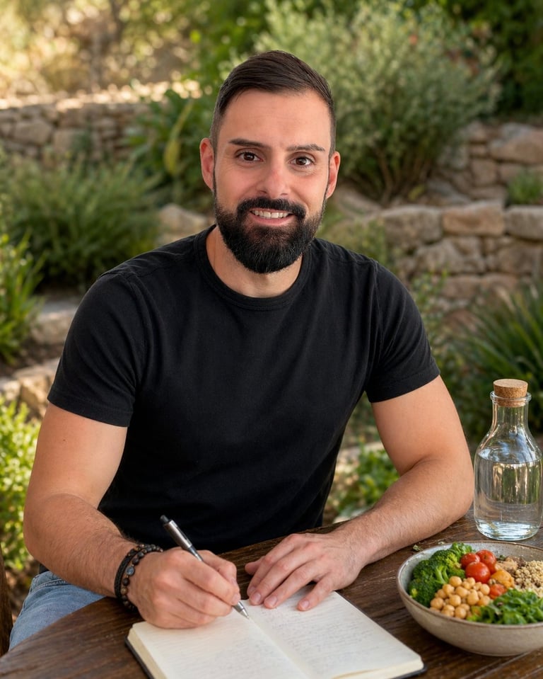 Man with dark beard wearing black shirt writing in notebook at outdoor table with salad and water bottle